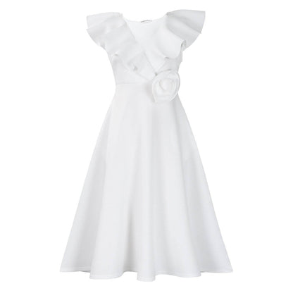 V-neck Ruffled Hem 3D Flower Skirt Evening Dress Banquet Dress - IntuitiveEncBoutique
