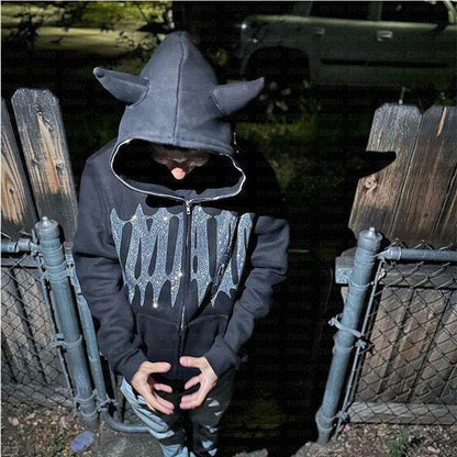 Wholesale Loose Unisex Hooded Zip-Up Sweatshirt with Devil Rhinestone - IntuitiveEncBoutique