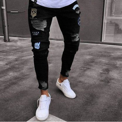 Men's Ripped jeans Badge Letters Hip-hop Skinny Jogging Denim Fashion Pencil Long Trousers Distressed Jeans For Men Clothing - IntuitiveEncBoutique