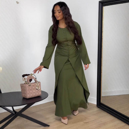 Women's Satin Button Evening Dress Two-piece Set - IntuitiveEncBoutique