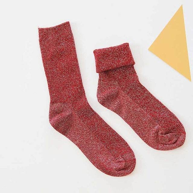 Winter Cotton Solid Shiny Woman Simple Socks Fashion Art Fold Female Student Thick Warm Socks Shiny Metallic Line Sock - IntuitiveEncBoutique