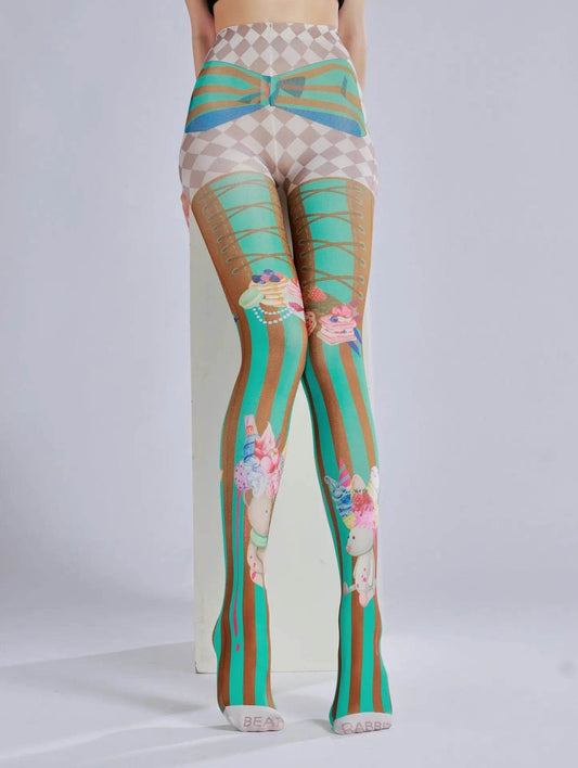 Cake ice cream printed pantyhose with striped checkered pattern as a base sock - IntuitiveEncBoutique