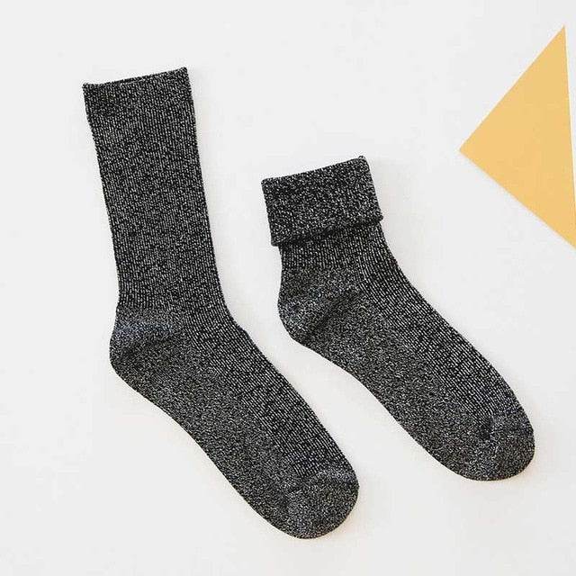Winter Cotton Solid Shiny Woman Simple Socks Fashion Art Fold Female Student Thick Warm Socks Shiny Metallic Line Sock - IntuitiveEncBoutique