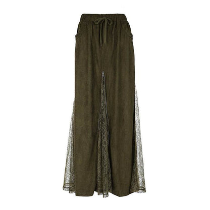 Vintage Green Lace Splicing Low Waist A-line Floor-length Skirt with Heavy Zipper - IntuitiveEncBoutique