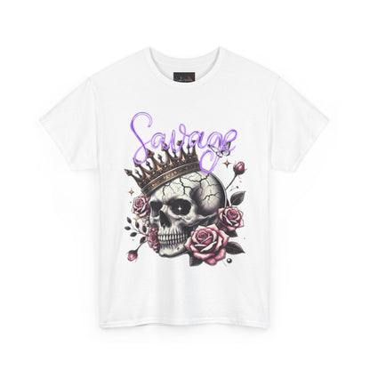 savage Crowned Skull Tee, Edgy Graphic Shirt for Halloween, Gift for Goth, Unisex Heavy Cotton Tee, Unique Art Shirt, Vintage Style Tee