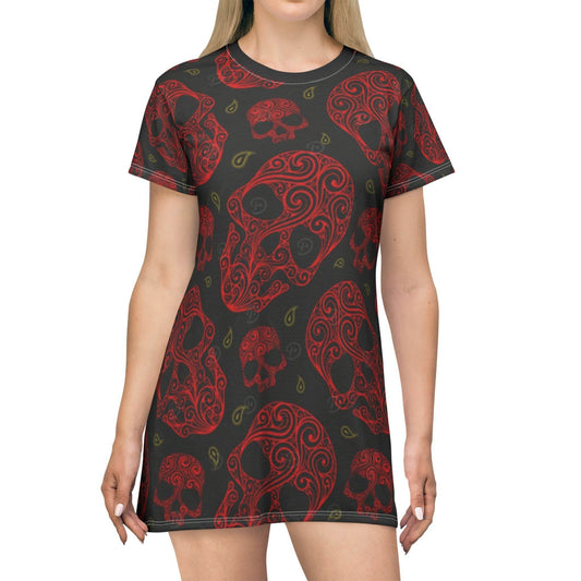 Gothic Skull T-Shirt Dress, Casual Summer Dress, Festival Style, Halloween Outfit, Edgy Fashion, AOP Print Dress - IntuitiveEncBoutique