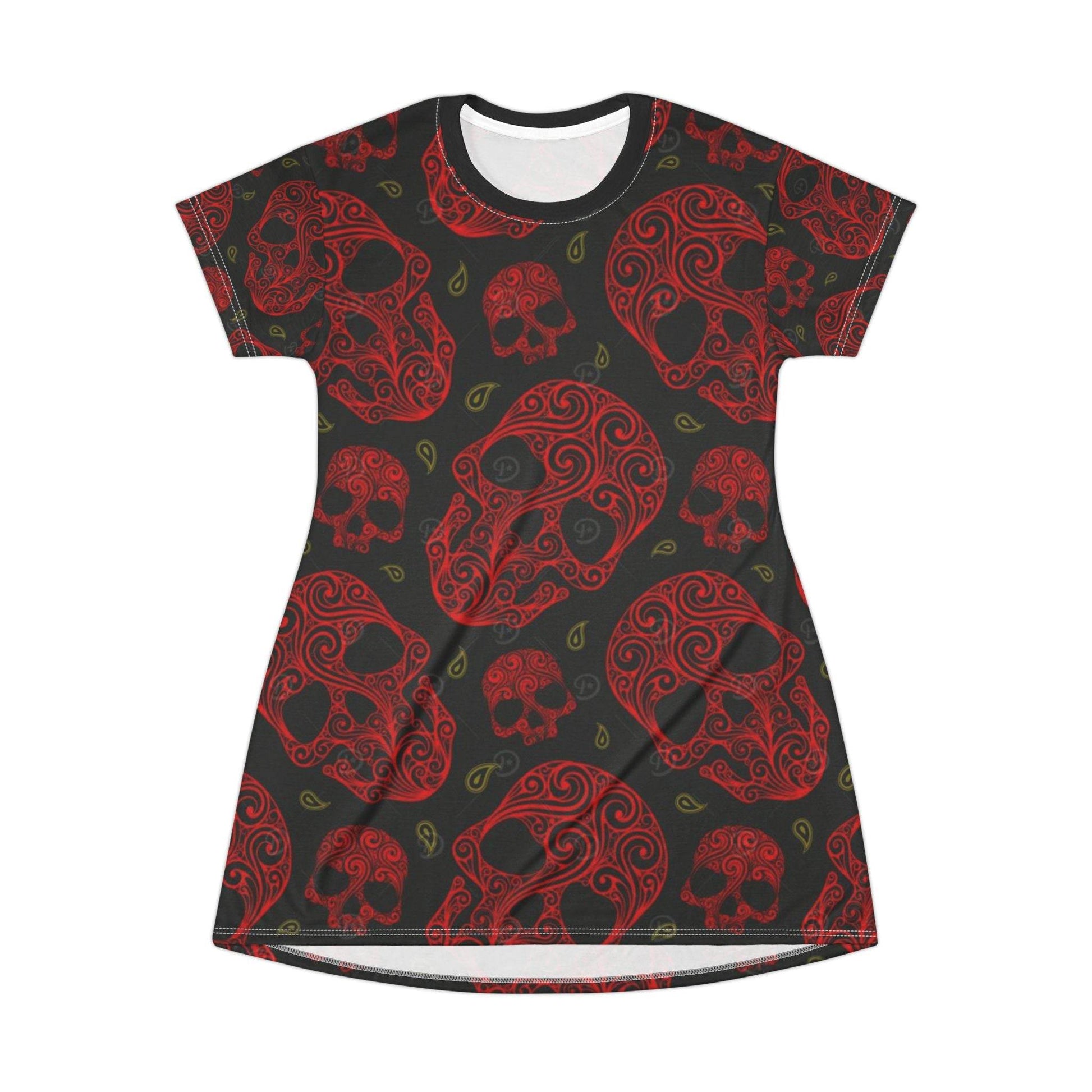 Gothic Skull T-Shirt Dress, Casual Summer Dress, Festival Style, Halloween Outfit, Edgy Fashion, AOP Print Dress - IntuitiveEncBoutique