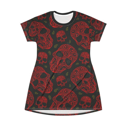 Gothic Skull T-Shirt Dress, Casual Summer Dress, Festival Style, Halloween Outfit, Edgy Fashion, AOP Print Dress - IntuitiveEncBoutique