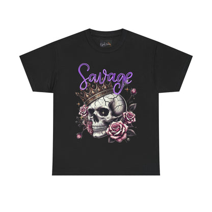 savage Crowned Skull Tee, Edgy Graphic Shirt for Halloween, Gift for Goth, Unisex Heavy Cotton Tee, Unique Art Shirt, Vintage Style Tee