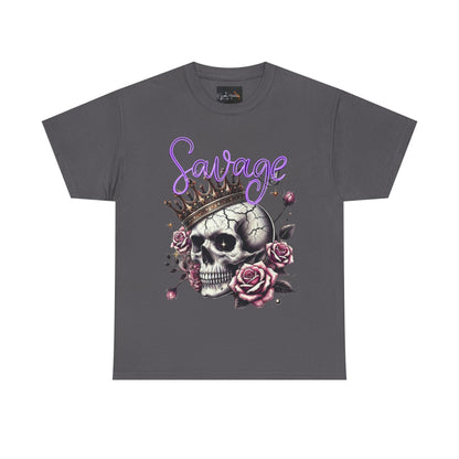 savage Crowned Skull Tee, Edgy Graphic Shirt for Halloween, Gift for Goth, Unisex Heavy Cotton Tee, Unique Art Shirt, Vintage Style Tee