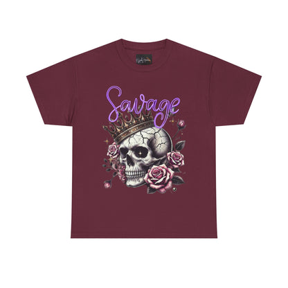 savage Crowned Skull Tee, Edgy Graphic Shirt for Halloween, Gift for Goth, Unisex Heavy Cotton Tee, Unique Art Shirt, Vintage Style Tee