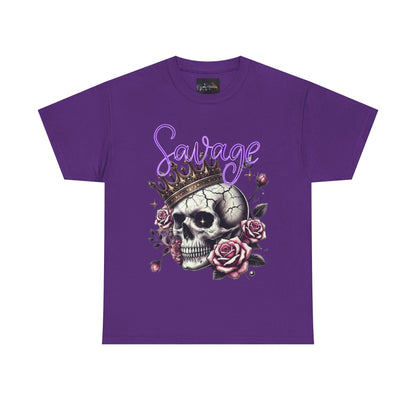 savage Crowned Skull Tee, Edgy Graphic Shirt for Halloween, Gift for Goth, Unisex Heavy Cotton Tee, Unique Art Shirt, Vintage Style Tee
