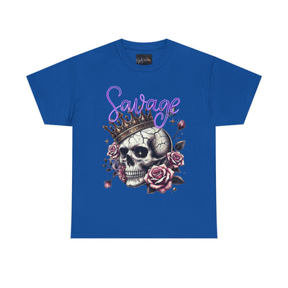 savage Crowned Skull Tee, Edgy Graphic Shirt for Halloween, Gift for Goth, Unisex Heavy Cotton Tee, Unique Art Shirt, Vintage Style Tee