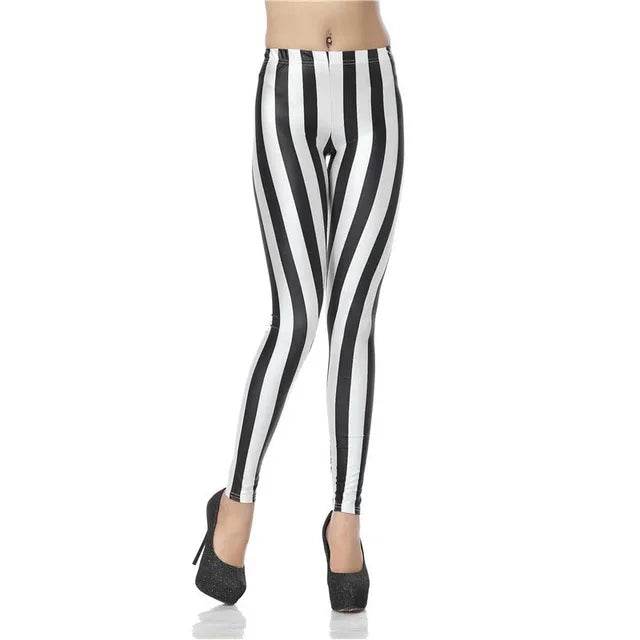 Digital Slim Sexy Black White Stripes Leggings - IntuitiveEncBoutique