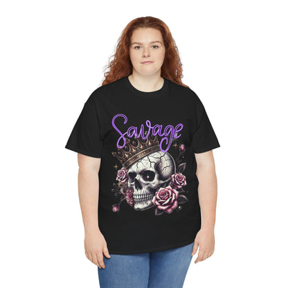 savage Crowned Skull Tee, Edgy Graphic Shirt for Halloween, Gift for Goth, Unisex Heavy Cotton Tee, Unique Art Shirt, Vintage Style Tee