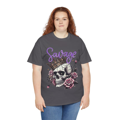 savage Crowned Skull Tee, Edgy Graphic Shirt for Halloween, Gift for Goth, Unisex Heavy Cotton Tee, Unique Art Shirt, Vintage Style Tee