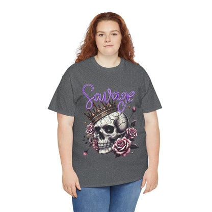 savage Crowned Skull Tee, Edgy Graphic Shirt for Halloween, Gift for Goth, Unisex Heavy Cotton Tee, Unique Art Shirt, Vintage Style Tee