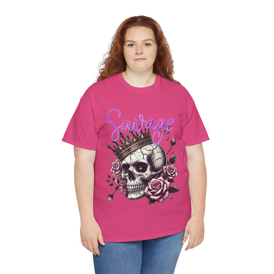 savage Crowned Skull Tee, Edgy Graphic Shirt for Halloween, Gift for Goth, Unisex Heavy Cotton Tee, Unique Art Shirt, Vintage Style Tee