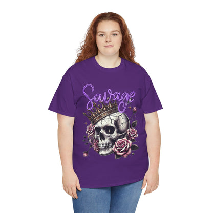 savage Crowned Skull Tee, Edgy Graphic Shirt for Halloween, Gift for Goth, Unisex Heavy Cotton Tee, Unique Art Shirt, Vintage Style Tee