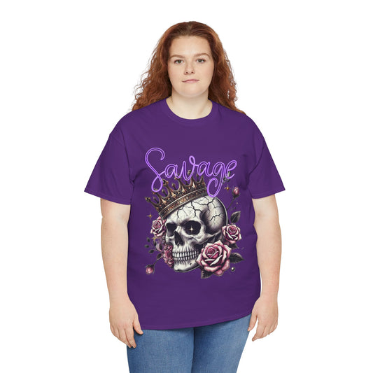 savage Crowned Skull Tee, Edgy Graphic Shirt for Halloween, Gift for Goth, Unisex Heavy Cotton Tee, Unique Art Shirt, Vintage Style Tee