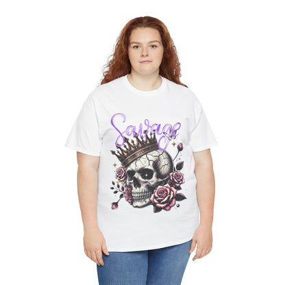 savage Crowned Skull Tee, Edgy Graphic Shirt for Halloween, Gift for Goth, Unisex Heavy Cotton Tee, Unique Art Shirt, Vintage Style Tee