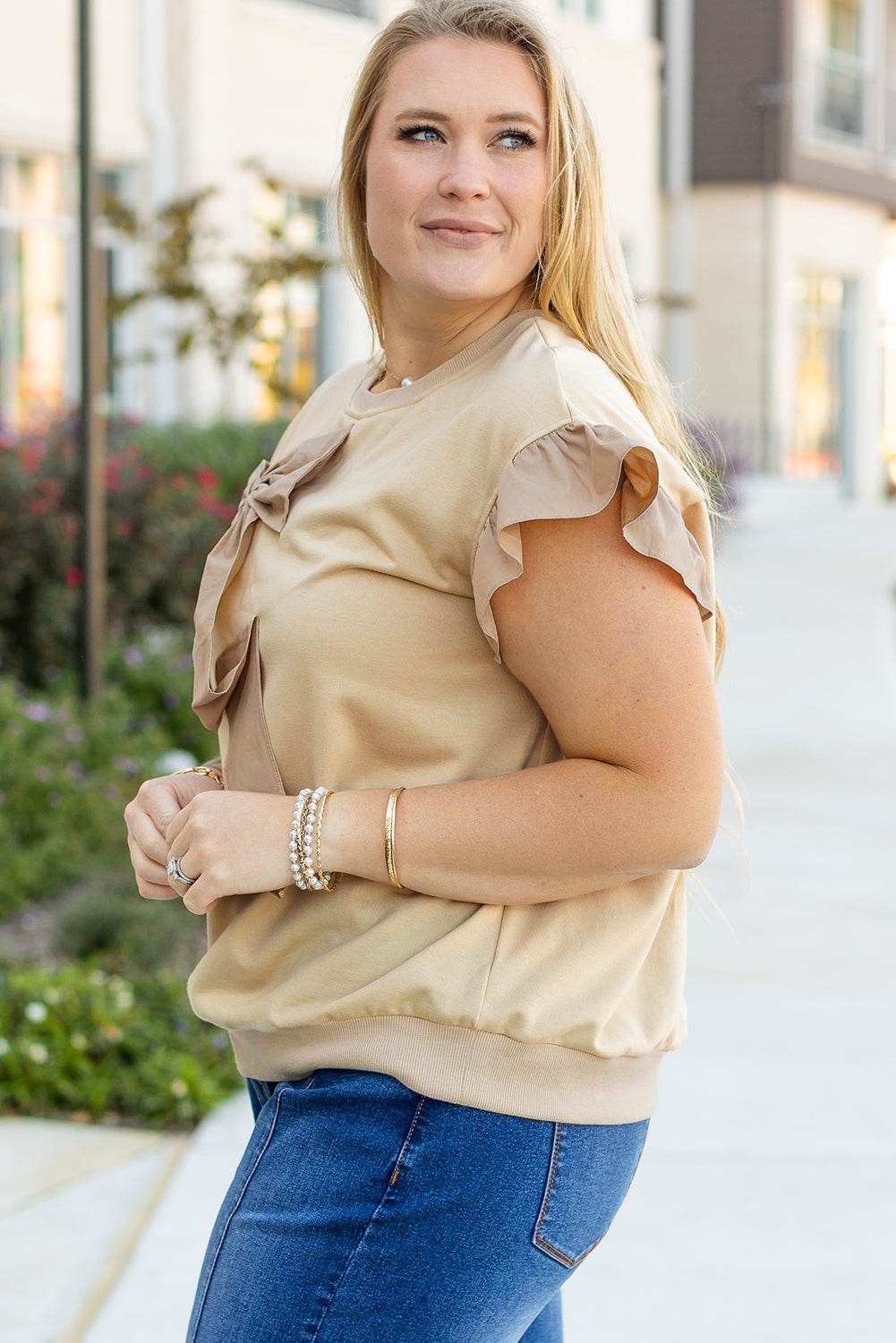 Parchment Ruffled Short Sleeve Bowknot Applique Crew Neck Plus Size Top - IntuitiveEncBoutique