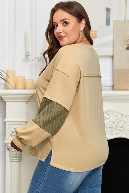 Laurel Green Exposed Seam Contrast Texture Patchwork Plus Size Drop Shoulder Pullover - IntuitiveEncBoutique