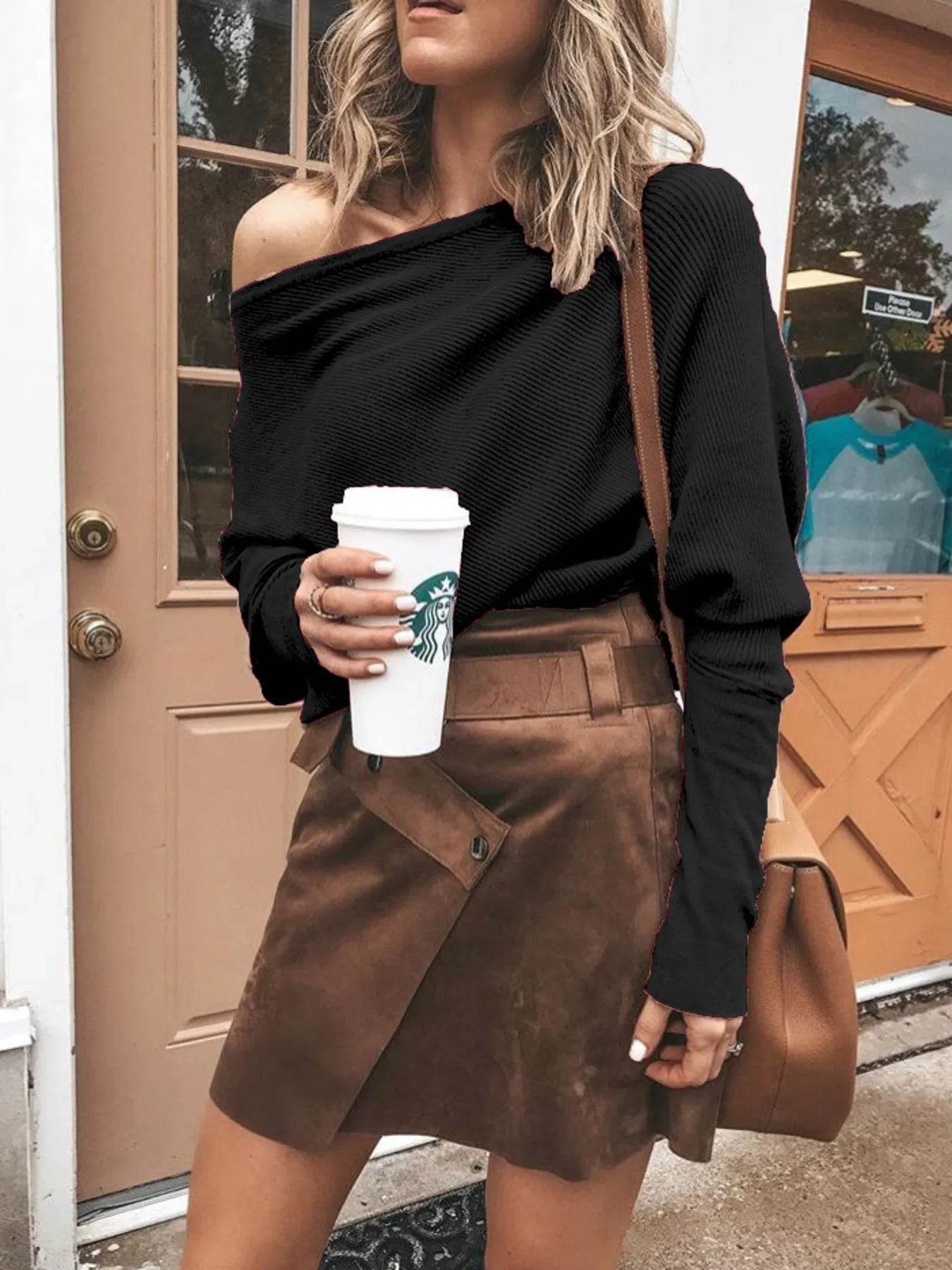 Full Size One-Shoulder Ribbed Sweater Plus Size - IntuitiveEncBoutique