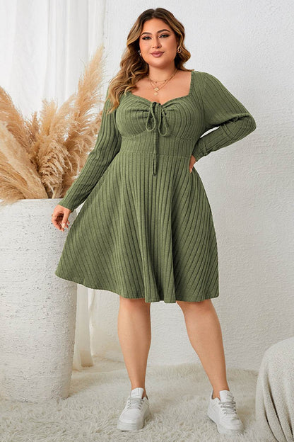 Honey Plus Size Sweetheart Neck Long Sleeve Ribbed Dress - IntuitiveEncBoutique
