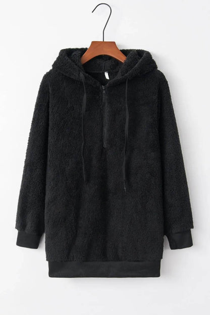 Full Size Quarter-Zip Drawstring Teddy Hoodie - IntuitiveEncBoutique