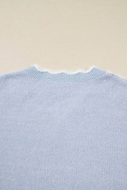 Gray Fuzzy Flower Scalloped V Neck Plus Sweater - IntuitiveEncBoutique