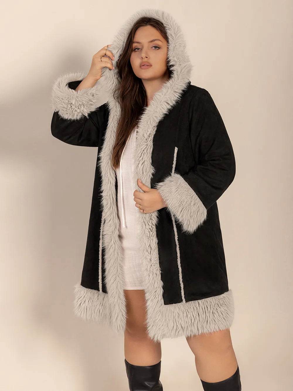 Plus Size Fuzzy Trim Open Front Long Sleeve Hooded Coat - IntuitiveEncBoutique