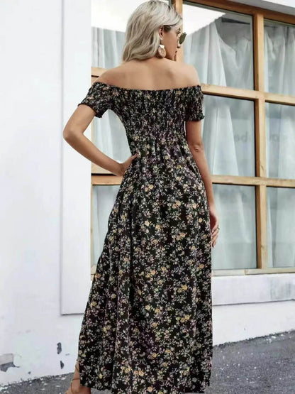 Full Size Slit Off-Shoulder Floral Midi Dress Plus Size - IntuitiveEncBoutique