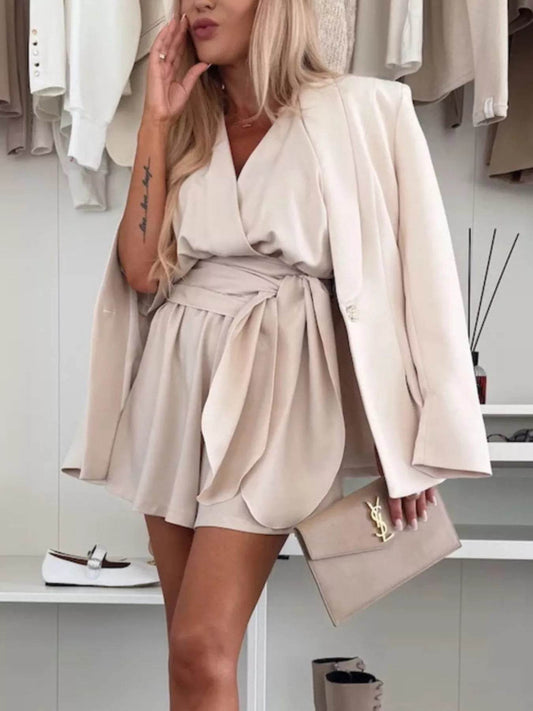 Full Size Surplice Tie Waist Romper Plus Size - IntuitiveEncBoutique