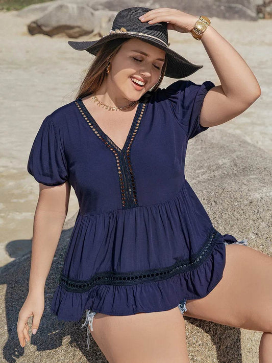 Plus Size Peplum V-Neck Short Sleeve Blouse - IntuitiveEncBoutique