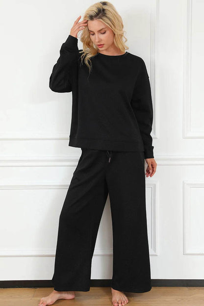 Double Take Full Size Textured Long Sleeve Top and Drawstring Pants Set - IntuitiveEncBoutique