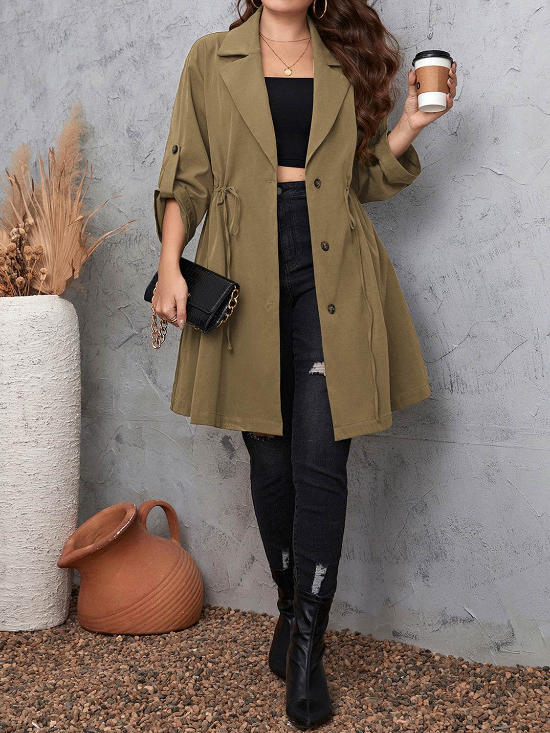 Honey Plus Size Lapel Collar Drawstring Roll-Tab Sleeve Trench Coat - IntuitiveEncBoutique