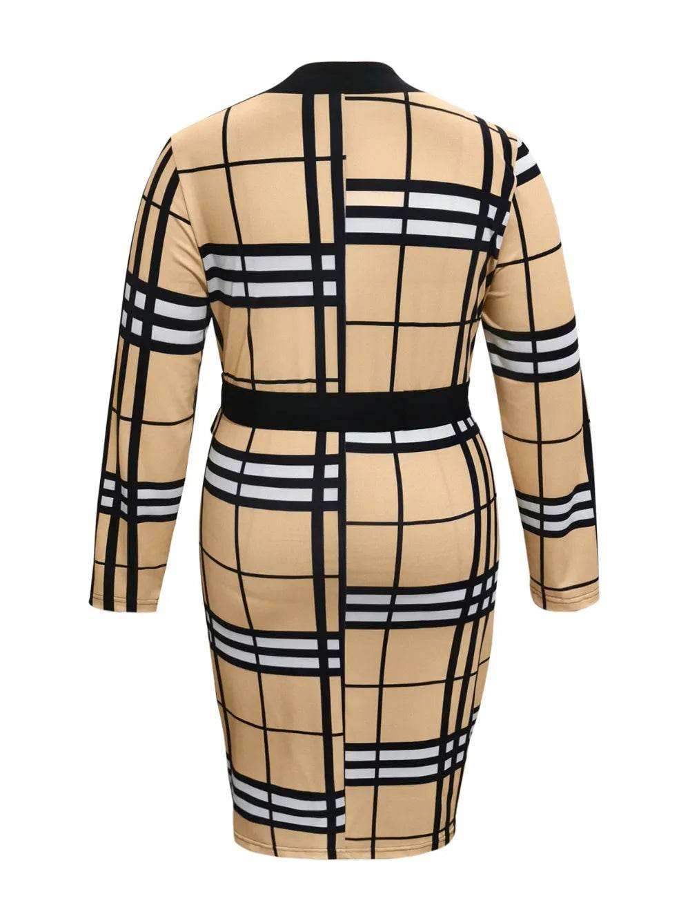 Plus Size Plaid V-Neck Long Sleeve Wrap Dress - IntuitiveEncBoutique