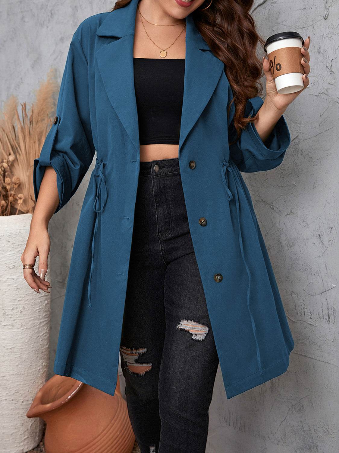 Honey Plus Size Lapel Collar Drawstring Roll-Tab Sleeve Trench Coat - IntuitiveEncBoutique
