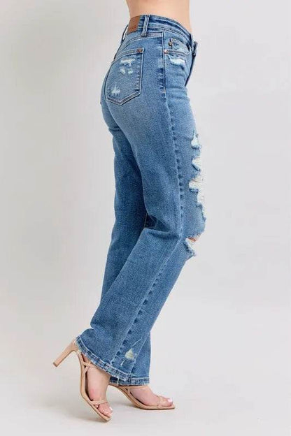 Judy Blue Full Size High Waist Heavy Destroy Straight Jeans Plus Size - IntuitiveEncBoutique