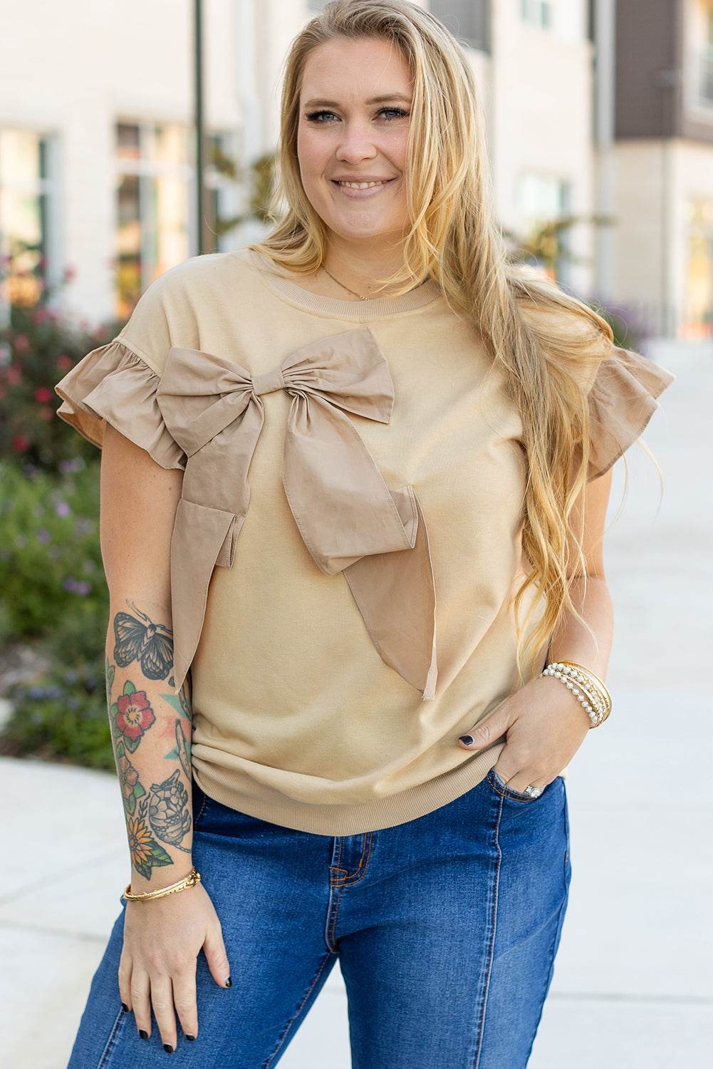 Parchment Ruffled Short Sleeve Bowknot Applique Crew Neck Plus Size Top - IntuitiveEncBoutique