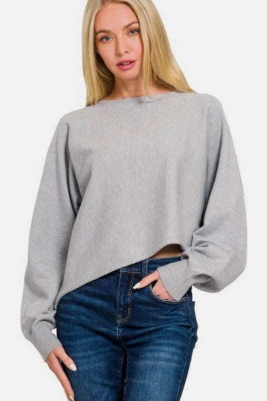 Zenana Asymmetric Hem Long Sleeve Sweater - IntuitiveEncBoutique