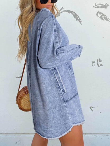 Full Size Button-Front Long Sleeve Denim Shirt Dress Plus Size - IntuitiveEncBoutique