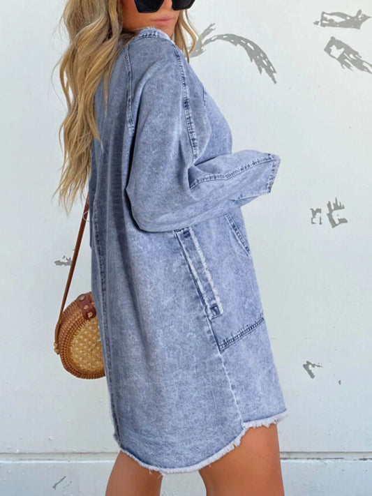 Full Size Button-Front Long Sleeve Denim Shirt Dress Plus Size - IntuitiveEncBoutique