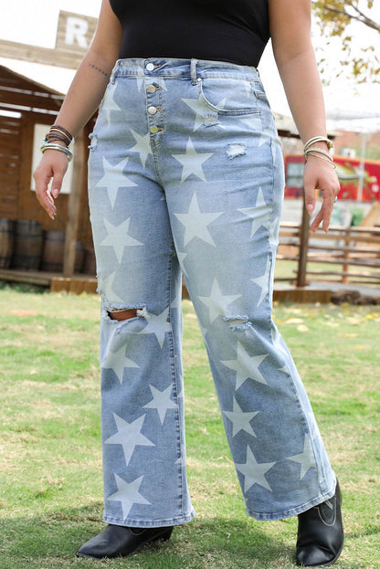 Sky Blue Star Printed Multi Buttons Slit Knee Destroyed Plus Size Jeans - IntuitiveEncBoutique