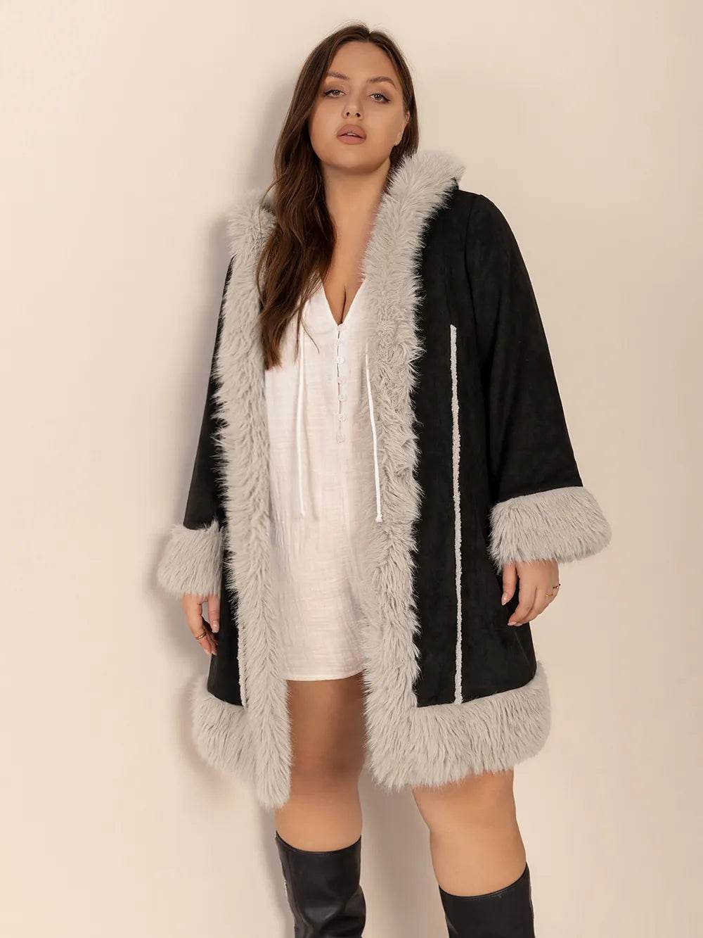 Plus Size Fuzzy Trim Open Front Long Sleeve Hooded Coat - IntuitiveEncBoutique