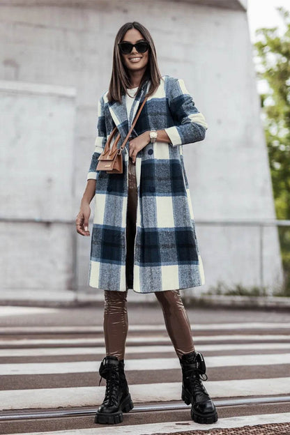 Double Take Full Size Plaid Button Up Lapel Collar Coat - IntuitiveEncBoutique