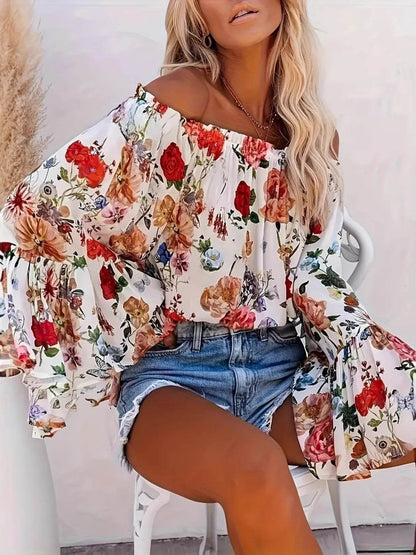 Full Size Floral Off-Shoulder Bell Sleeve Blouse Plus Size - IntuitiveEncBoutique