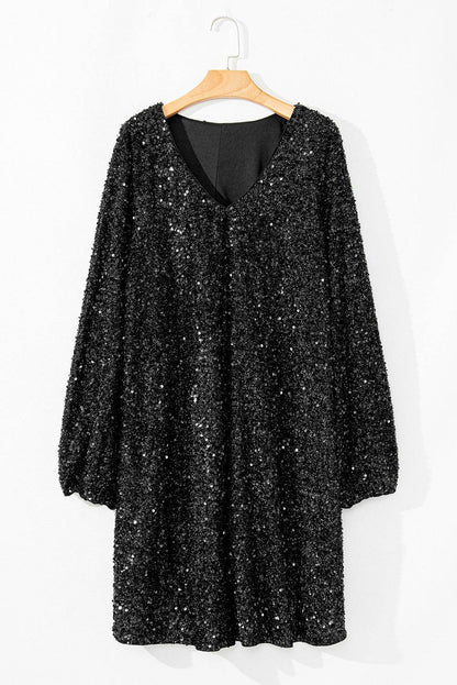 Color black Plus Size Bubble Sleeve V Neck Sequin Dress - IntuitiveEncBoutique