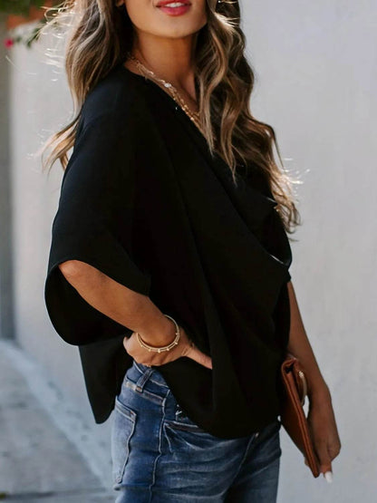 Full Size Ruched Three-Quarter Sleeve Blouse Plus Size - IntuitiveEncBoutique